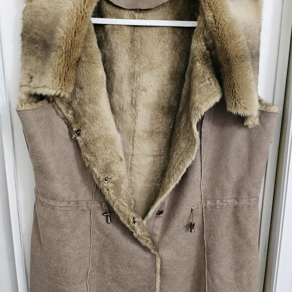 Alberto Makali Vest Jacket Womens XL Brown Faux Fur Suede Cinch Waist Snap Front - Picture 5 of 8
